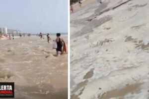 Se sale el mar como un mini-tsunami en Cádiz, España, arrasando todo a su paso..