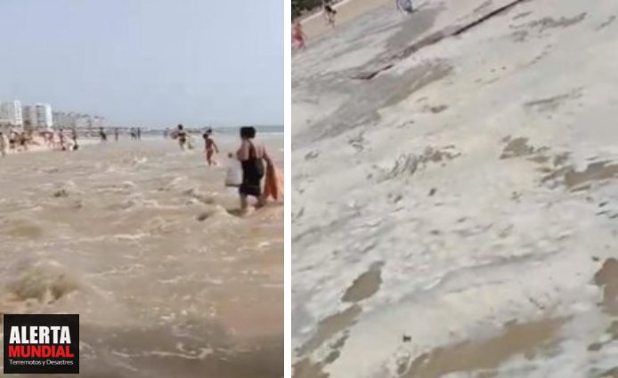 Se sale el mar como un mini-tsunami en Cádiz, España, arrasando todo a su paso..