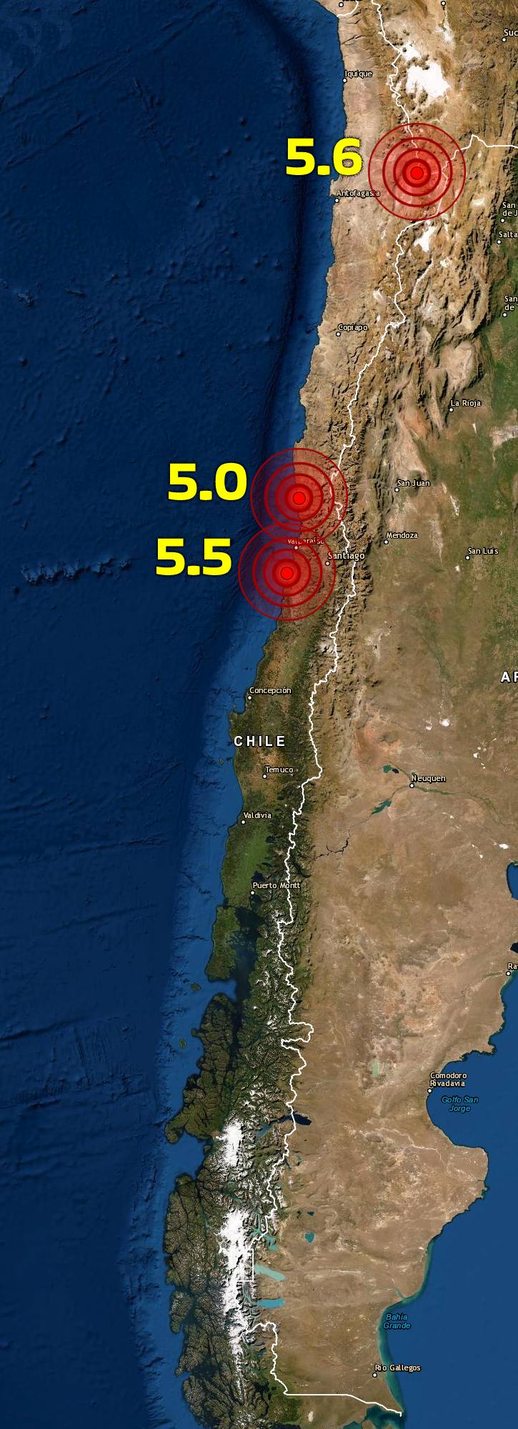 En un lapso de minutos tres fuertes sismos sacuden a diferentes regiones de Chile